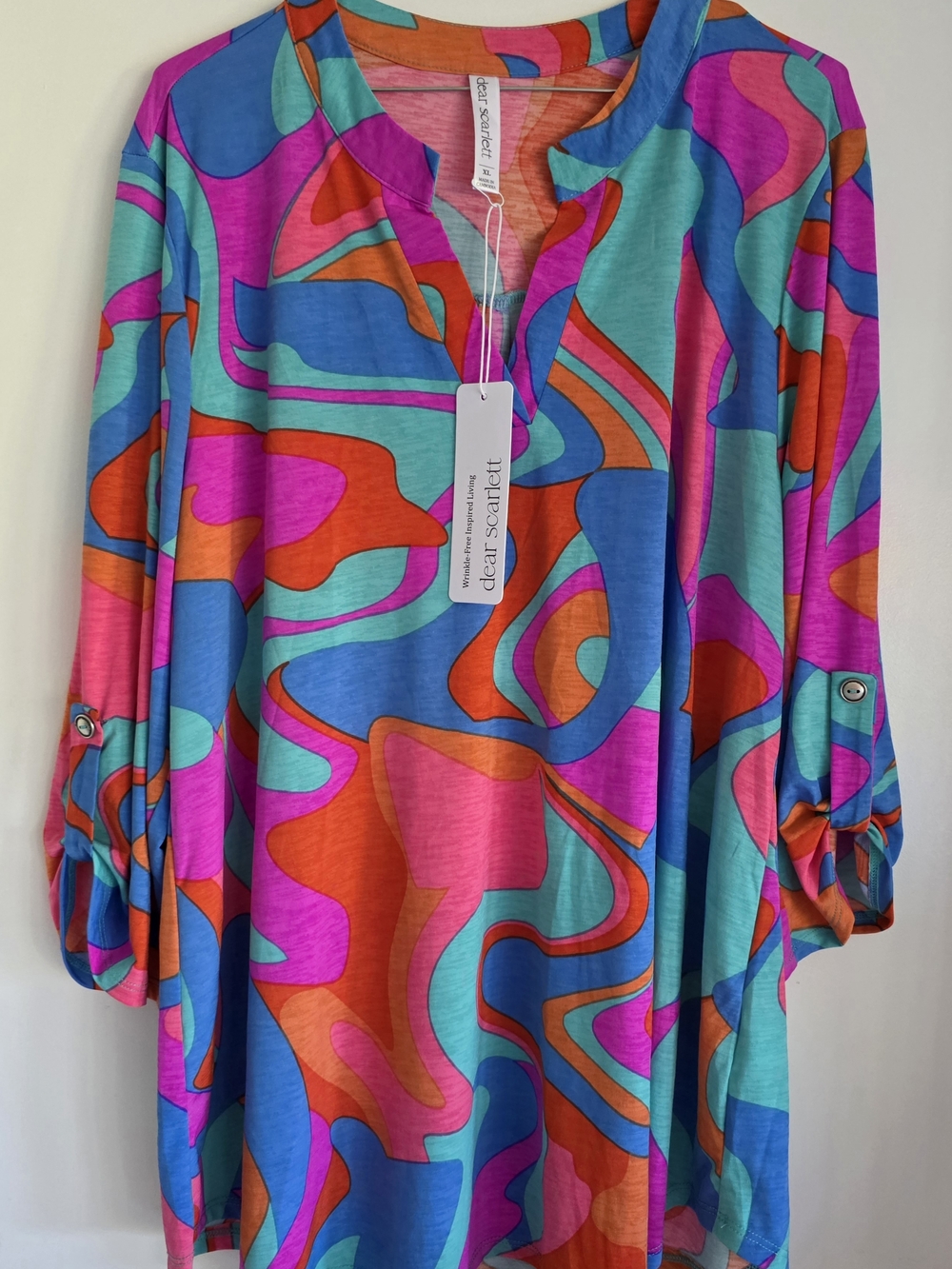 Dear Scarlett Tunic Top in Blue, Pink & Orange Swirl Abstract Print XL